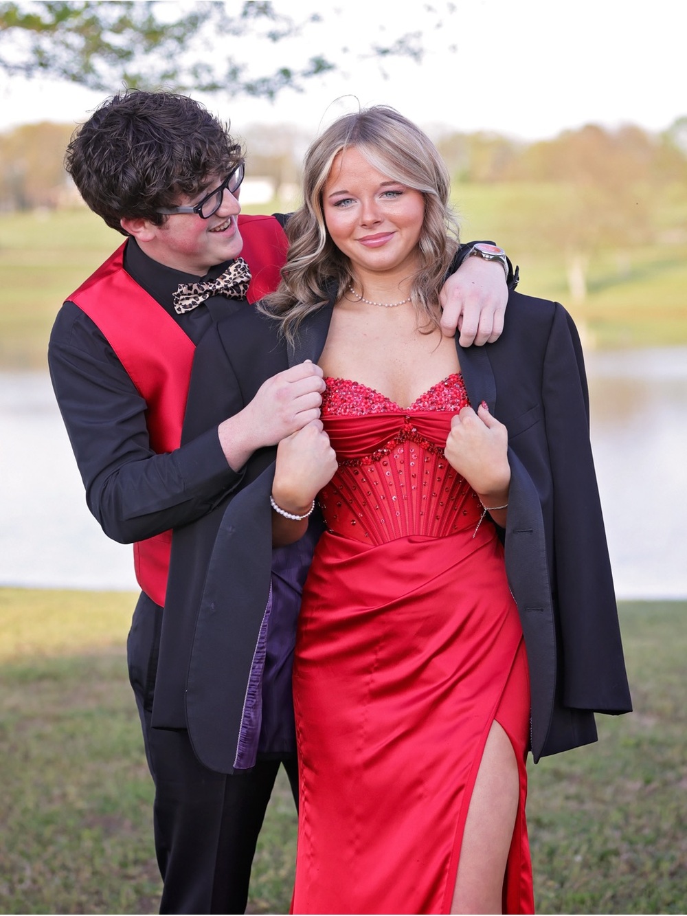 Red Satin Strapless Prom Dress with Beaded Corset Detail